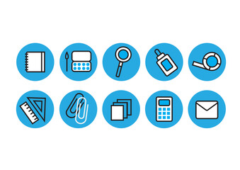 Set of blue icons (office, school suplies)