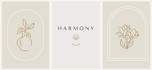 Set of logo elements with vase and magnolia in linear style