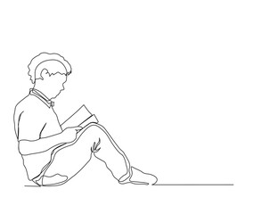 Continuous one line drawing of student reading a book. A young boy sit and reading book single line art drawing vector illustration.