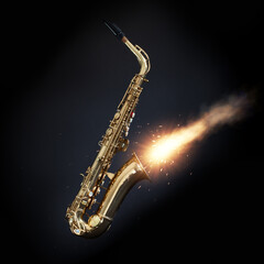 Saxophone with fire out the bell on black