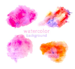 Modern watercolor collection on light backdrop.  Grunge abstract art background. Violet, purple, orange, blue, lilac colors. Isolated object. Vector illustration.