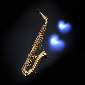 Saxophone with blues hearts on black background