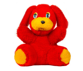 A red toy dog on a white background.