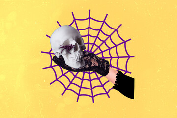 Collage illustration of witch arm glove hold head skull painted spider web isolated on drawing...