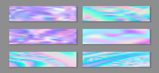 Holographic fashionable flyer horizontal fluid gradient mermaid backgrounds vector set. Opalescence