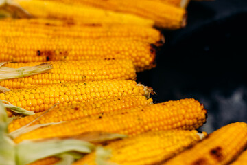 Ripe yellow corn is cooked on an open fire grill BBQ. Concept street food festival