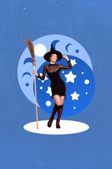 Vertical collage image of gorgeous witch girl hold broom stick touch cone hat isolated on painted night sky background