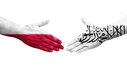Handshake between Afghanistan and Poland flags painted on hands, isolated transparent image.