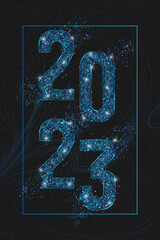 Abstract isolated blue image of new year number 2023. Polygonal low poly wireframe illustration looks like stars in the blask night sky in spase or flying glass shards. Digital web, internet design. © Katsiaryna