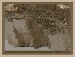 Manchester, Jamaica. Sepia. Labelled points of cities