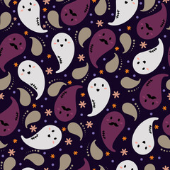 Naklejka premium Kawaii halloween seamless background, ghost paisley seamless repeat pattern
