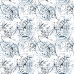 Abstract blue alcohol ink floral line art seamless pattern. Digital seamless wallpaper, fabric print, textile design. Can be used for scrapbook paper, wrapping paper, packaging.