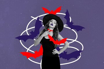 Collage image of witch girl black white effect cut bloody neck drawing flying bats isolated on painted background