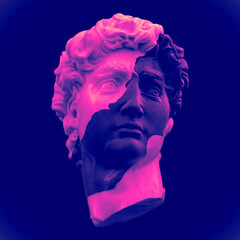 Abstract illustration from 3D rendering of a black and white marble head of male classical sculpture broken in three pieces in vaporwave style psychedelic colors and isolated on colorful background.