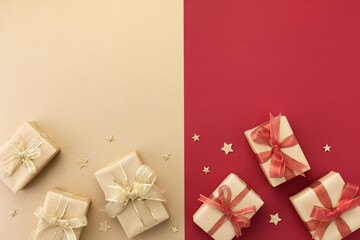 Christmas gifts or presents and star confetti on red gold background top view. Greeting card with...