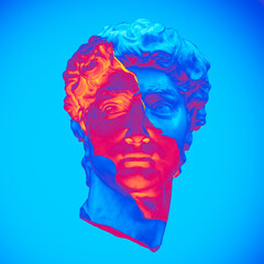Abstract illustration from 3D rendering of a black and white marble head of male classical sculpture broken in three pieces in vaporwave style psychedelic colors and isolated on colorful background.