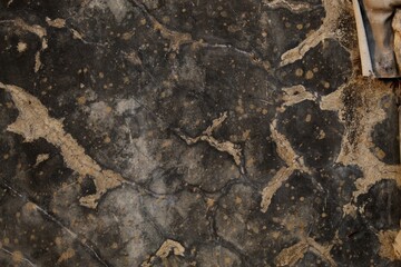 A weathered concrete wall with cracks and peeling paint, showing signs of age and decay.