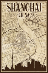 Brown vintage hand-drawn printout streets network map of the downtown SHANGHAI, CHINA with brown 3D city skyline and lettering