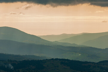 mountains view, misty morning in the mountains, landscape with clouds, sunrise, sunset, horizontal, perspective, Carpathians, Ukraine