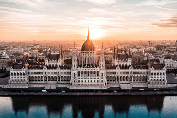 Fototapeta na wymiar Aerial Drone Photo - Sunrise over the Hungarian Parliament Building. Budapest.