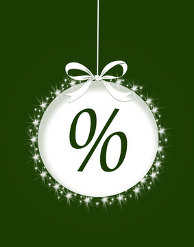 A white Christmas ball with a percentage sign on a green background. Sale,discount.