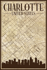 Brown vintage hand-drawn printout streets network map of the downtown CHARLOTTE, UNITED STATES OF AMERICA with brown 3D city skyline and lettering