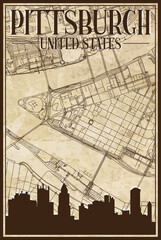 Brown vintage hand-drawn printout streets network map of the downtown PITTSBURGH, UNITED STATES OF AMERICA with brown 3D city skyline and lettering