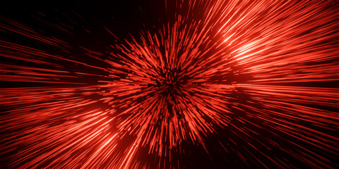 Abstract 3D illustration of glowing bright red neon light streaks in motion. Visualization of data transfer, rapid movement or cyberspace on black background