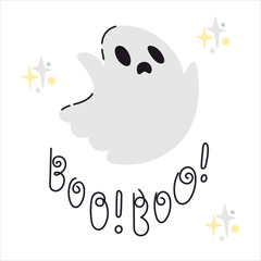 Doodle style ghost character with lettering boo. Simple icon for Halloween spooky decoration and greeting card