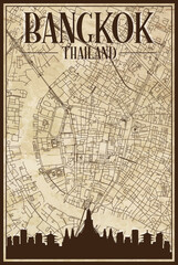 Brown vintage hand-drawn printout streets network map of the downtown BANGKOK, THAILAND with brown 3D city skyline and lettering