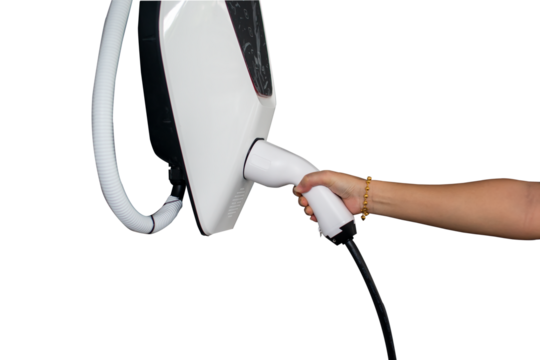 Holding hand electric charger plug for engine electric car at home, Concept to reduce air pollution