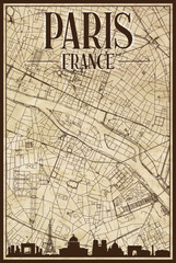 Brown vintage hand-drawn printout streets network map of the downtown PARIS, FRANCE with brown 3D city skyline and lettering