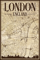 Brown vintage hand-drawn printout streets network map of the downtown LONDON, ENGLAND with brown 3D city skyline and lettering