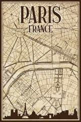 Fototapeta na wymiar Brown vintage hand-drawn printout streets network map of the downtown PARIS, FRANCE with brown 3D city skyline and lettering