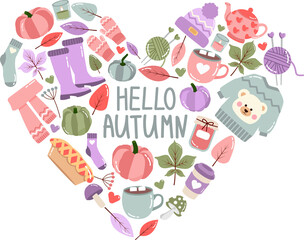 phrase hello autumn in heart with different cozy autumn items in pastel colors - obrazy, fototapety, plakaty