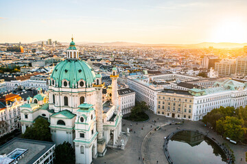 Aerial Drone Photo - St. Charles Church "Karlskirche" at sunset.  Vienna, Austria