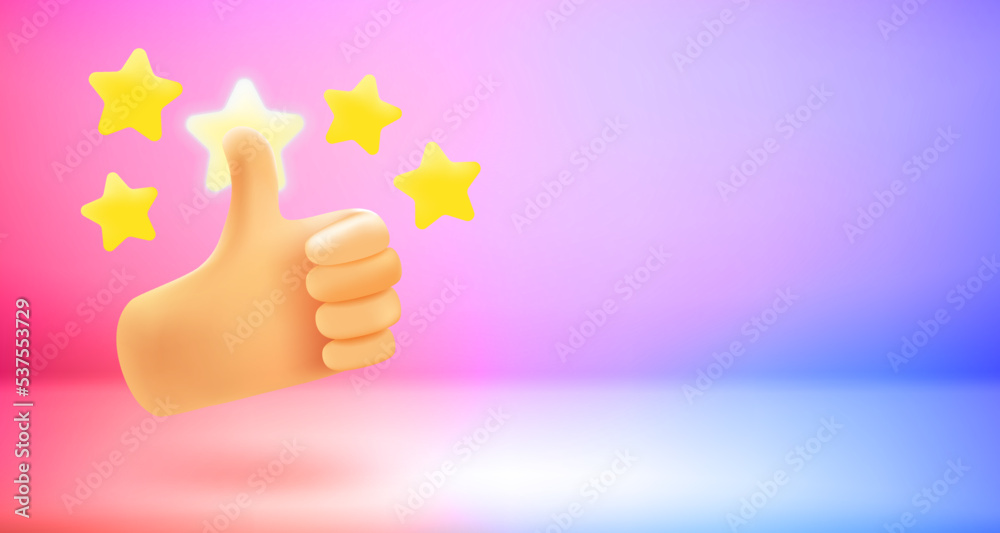 Poster thumbs up and shining stars in a hand. 3d vector banner with copy space