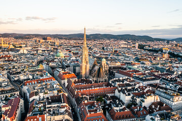 Obraz premium Aerial Drone Photo - Sunrise over St. Stephens Cathedral. Vienna, Austria