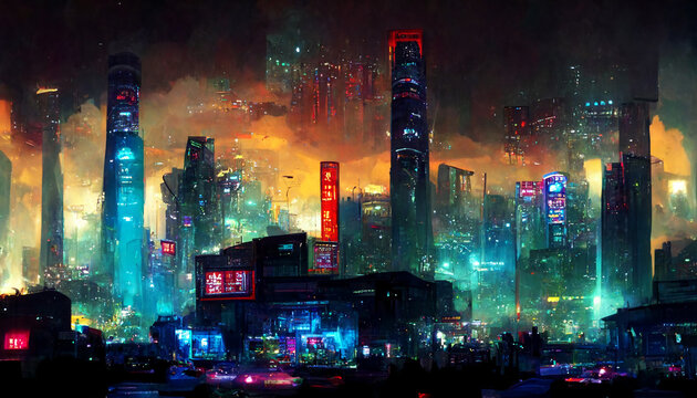 Concept art illustration of cityscape of asian cyberpunk city at night.