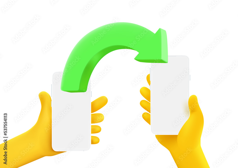 Poster file transfer via mobile phone. 3d vector illustration