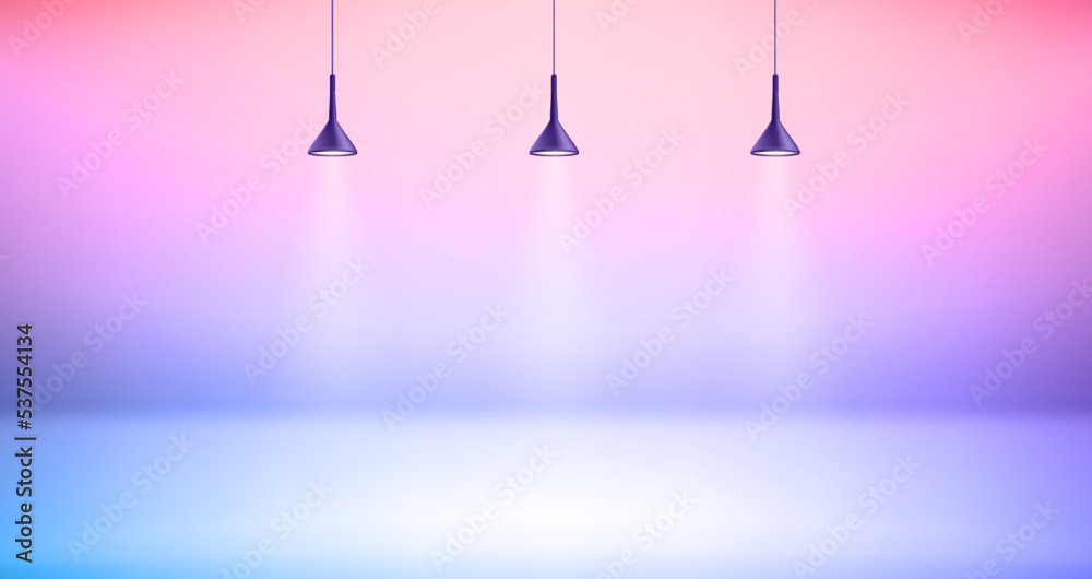 Poster illuminated vivid stage with projectors. 3d vector illustration