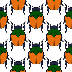 Beetles  scarab seamless pattern. Insect. Beetle. Forest life. Seamless pattern with Bug insect, Beetles. Design for wrapping paper, cover, greeting card, wallpaper, fabric. Scarab beetle.