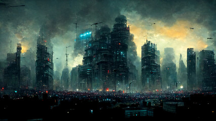 Concept art illustration of cityscape of asian cyberpunk city at night.