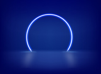 Blue neon glowing circle on dark interior. 3d vector template for design