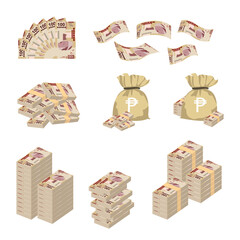 Mexican peso Vector Illustration. Huge packs of Mexico money set bundle banknotes. Bundle with cash bills. Deposit, wealth, accumulation and inheritance. Falling money 100 MXN