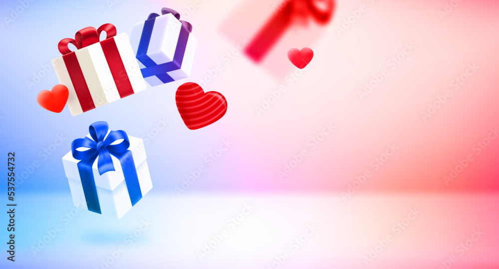 Poster valentines day card with falling gift boxes and hearts. 3d vector banner with copy space
