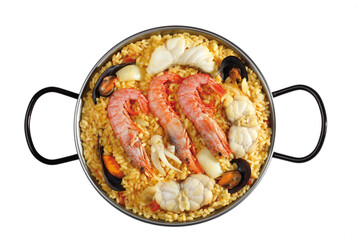 seafood paella with prawns, monkfish mussels