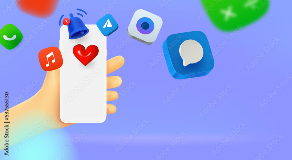 Aufkleber Man with smartphone. Mobile application icons flowing out the mobile phone. vector banner with copy space