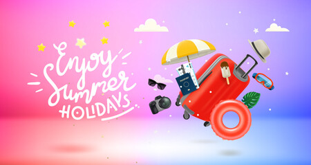 Enjoy summer holidays concept. 3d vector banner with calligraphic inscription