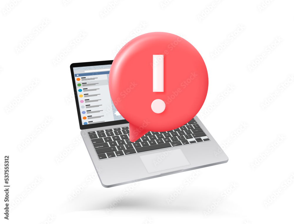 Poster laptop with exclamation point. 3d vector banner